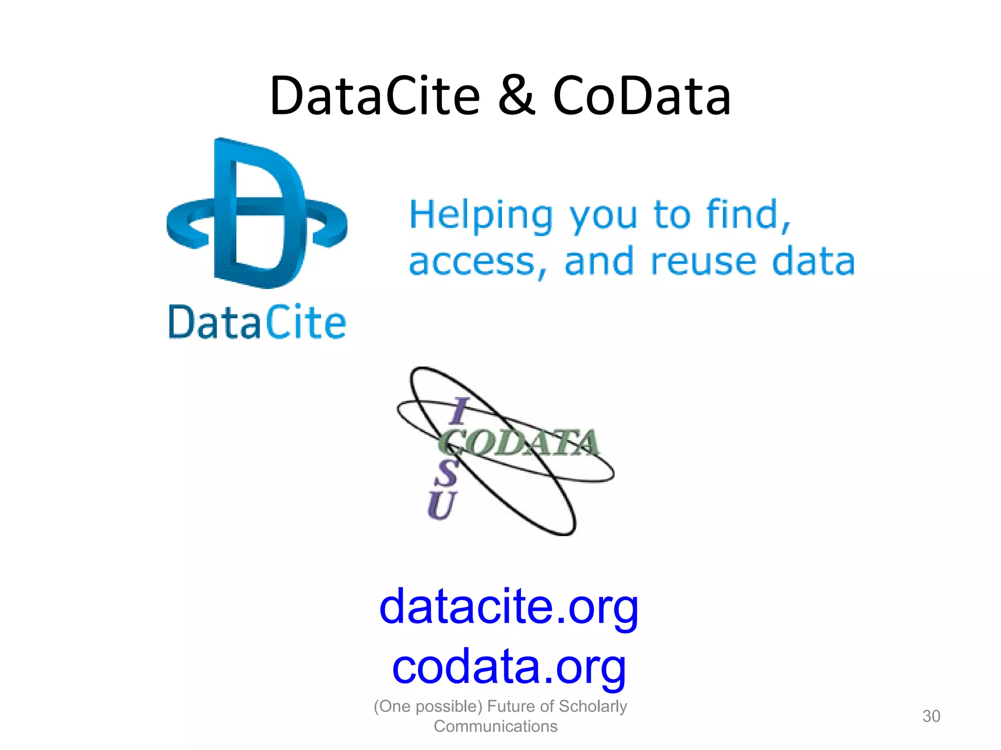 DataCite & CoData
datacite.org
codata.org
(One possible) Future of Scholarly
30
Communications