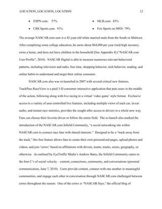 LOCATION, LOCATION, LOCATION                                                                         12


          ESPN.com:      57%                                  MLB.com: 85%

          CBS Sports.com: 91%                                 Fox Sports on MSN: 79%

The average NASCAR.com user is a 42-year-old white married male from the South or Midwest.

After completing some college education, he earns about $64,000 per year (mid-high income),

owns a home, and does not have children in the household [See Appendix 4] (―NASCAR.com

User Profile‖, 2010). NASCAR Digital is able to measure numerous relevant behavioral

patterns, including television and radio, free time, shopping behavior, tech behavior, reading, and

online habits to understand and target their online consumer.

       NASCAR.com also was re-launched in 2007 with several critical new features.

TrackPass RaceView is a paid 3-D consumer interactive application that puts users in the middle

of the action, following along with live racing in a virtual ‗video game‘ style format. Exclusive

access to a variety of user-controlled live features, including multiple views of each car, in-car

audio, and instant race statistics, provides the sought-after access to drivers in a whole new way.

Fans can choose their favorite driver or follow the entire field. The re-launch also marked the

introduction of the NASCAR.com Infield Community, ―a social networking site within

NASCAR.com to connect race fans with shared interests.‖ Designed to be a ―track away from

the track,‖ this free feature allows fans to create their own personalized pages, upload photos and

videos, and join ‗crews‘ based on affiliations with drivers, teams, tracks, series, geography, or

otherwise. As outlined by EyeTraffic Media‟s Andrew Bates, the Infield Community caters to

the four C‟s of social velocity – content, connections, community, and conversations (personal

communication, June 7, 2010). Users provide content, connect with one another in meaningful

communities, and engage each other in conversation through NASCAR.com challenged between

crews throughout the season. One of the crews is “NASCAR Says,” the official blog of
 