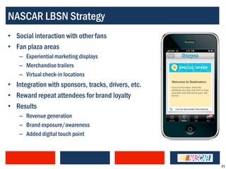 NASCAR LBSN Strategy
• Social interaction with other fans
• Fan plaza areas
    – Experiential marketing displays
    – Merchandise trailers
    – Virtual check-in locations
• Integration with sponsors, tracks, drivers, etc.
• Reward repeat attendees for brand loyalty
• Results
    – Revenue generation
    – Brand exposure/awareness
    – Added digital touch point



                                                     21
 
