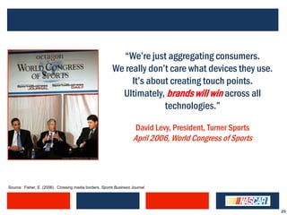 “We‟re just aggregating consumers.
                                                         We really don‟t care what devices they use.
                                                              It‟s about creating touch points.
                                                           Ultimately, brands will win across all
                                                                       technologies.”

                                                                     David Levy, President, Turner Sports
                                                                    April 2006, World Congress of Sports




Source: Fisher, E. (2006). Crossing media borders. Sports Business Journal.




                                                                                                            25
 