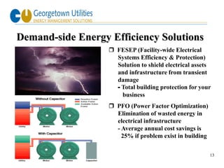 Demand-side Energy Efficiency Solutions
                    FESEP (Facility-wide Electrical
                     Systems Efficiency & Protection)
                     Solution to shield electrical assets
                     and infrastructure from transient
                     damage
                     - Total building protection for your
                       business
                    PFO (Power Factor Optimization)
                     Elimination of wasted energy in
                     electrical infrastructure
                     - Average annual cost savings is
                       25% if problem exist in building


                                                          13
 