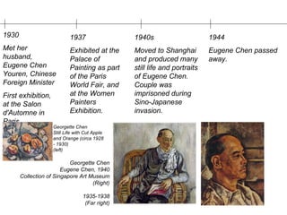 Georgette Chen Eugene Chen, 1940 Collection of Singapore Art Museum (Right) 1935-1938 (Far right) 1930 Met her husband, Eugene Chen Youren,  Chinese Foreign Minister First exhibition, at the Salon d'Automne in Paris  Georgette Chen Still Life with Cut Apple and Orange (circa 1928 - 1930) (left)   1937 Exhibited at the Palace of Painting as part of the Paris World Fair, and at the Women Painters Exhibition.   1940s Moved to Shanghai and produced many still life and portraits of Eugene Chen. Couple was imprisoned during Sino-Japanese invasion. 1944 Eugene Chen passed away. 