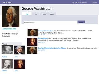 facebook
George Washington
George Washington Logout
View photos of Katie
Send Katie a message
Poke Katie
Wall Info Photos Videos
Write something… Share
Friends
Robert John
Edward John
John Adams Hey George, do you really think you got what it takes to be
commander of the armed forces of the United Colonies?
Jun 15, 1775
George Washington to John Adams Of course I do! Don’s underestimate me, John
Jun 15, 1775
George Washington Wow! I just became The first President of the U.S!!!!!
…Not that I had any other choice…
Apr 14, 1789
 