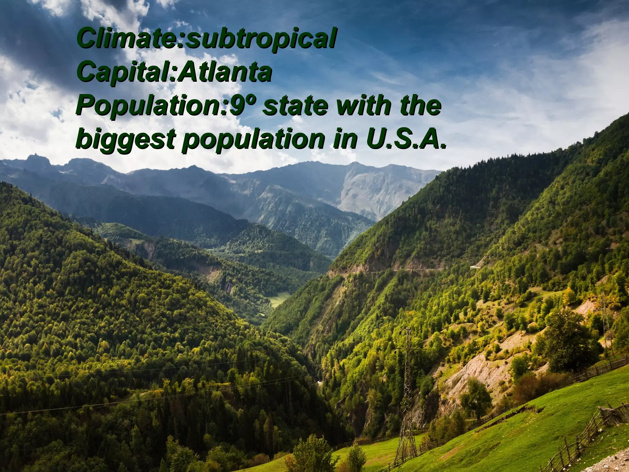 Climate:subtropical
Capital:Atlanta
Population:9º state with the
biggest population in U.S.A.