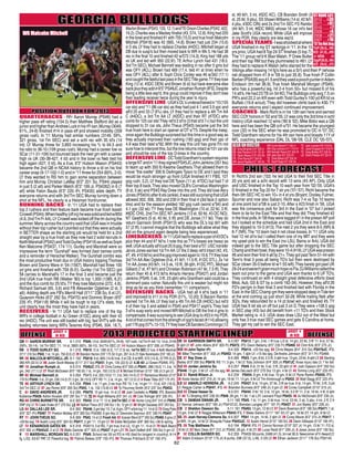 st, #9 tkl'r, 3 int, #5DC KC), CB Branden Smith (9
st, 25 tkl, 9 pbu), SS ShawnWilliams (14 st, #2 tkl'r,
4 pbu, #3DC CIN) and 2x 2nd Tm SEC FS Rambo
(#4 tkl'r, 3 int, #6DC WAS) whose 16 car int's tied
Jake Scott's UGA record. While UGA will improve
in my PDR, they clearly are less exp'd.
SPECIALTEAMS-Iwasshockedatwhere
UGA finished in my ST rankings in '11.In the 10
yrs prior, UGA had 8Top 24 ST finishes (5 top 7).
The '11 group ret'd K BlairWalsh, P Drew Butler
and their top RM but they plummeted to #81.LY
they had to replace KWalsh (who starred for the
Vikings after missing 14 fg's here as a Sr!) and their P (whose
net dropped from 41.9 in '09 to just 35.8).True frosh P Collin
Barber(PS#28)avg41.5andtheyusedapoochpunterinAdam
Erickson (tm net 36.9). True frosh Marshall Morgan (PS#9),
who has a powerful leg, hit 2-4 from 50+ but missed 6 of his
14 att's.He had 23TB on 54 KO.The Bulldogs only avg 7.5 on
PR's and 22.2 on KR even withTodd Gurley's 100 yd KR td vs
Buffalo (19.6 w/out).They did however climb back to #30.TY
everyone returns and I expect continued improvement.
COACHES- Mark Richt is in his 13th ssn here and earned
SEC COY honors in '02 and '05.LY was only the 3rd time in schl
history UGA reached 12 wins ('80 & '02).Mike Bobo was a QB
here and has been the QB cch s/'01.He became the youngest
coor (32) in the SEC when he was promoted to OC in '07. DC
Todd Grantham returns for his 4th ssn here and boasts 11Y of
NFL coaching experience (DAL DL '08-'09, CLE DC '05-'07).
	OFFENSE	 2013 PROJECTED STARTING LINEUP	 DEFENSE
62
In Richt's 2nd ssn ('02) he led UGA to their first SEC Title in
20 yrs and set a schl record with 13 wins (#3 AP). Only UGA
and USC finished in the Top 10 each year from '02-'05. UGA's
D finished in theTop 20 for 7 str yrs ('01-'07).Richt became the
then-5th SEC HC to win 10+ in 4 st yrs (Bryant, Dooley, Fulmer,
Spurrier and now also Saban). Richt was 7-4 vs Top 10 teams
at one point but s/'08 is just 2-10.After a #23 finish in '06, UGA
was the consensus pick for 3rd in the East in '07 but I picked
them to tie for the East Title and that they did.They finished #2
in the final polls.In '08 they were tagged #1 in the pressn AP poll
but I looked at the schedule and had UGA 2nd in the East and
they slipped to 10-3 (#13).The next 2 yrs they were 8-5 (NR) &
6-7 (NR).The '10 team had 4 net close losses.In '11 UGA only
had 12 ret st'rs but I called them one of my MIT and they were
my upset pick to win the East (no LSU, Bama or Ark). UGA did
indeed get to the SEC Title game but after dropping the SEC
Champandtheirbowl,theywere10-4(#19).LYUGAwaspressn
#6 and won their first 4 all by 21+.They got pastTenn 51-44 with
Tenn's final 3 poss all being TO's but then were destroyed by
SCar (down 35-0 before td w/1:55 left).They barely got past UK
29-24andweren'tgivenmuchhopevsFla.DJWilliamscalledthe
team out prior to the game and UGA won thanks to 6 UF TO's.
They continued on with 4 straight great defensive efforts (beat
Miss, Aub, GS & GT by a comb 162-34).However, they all'd 26
FD's per/gm in their final 3 and finished tied with Florida in the
East.In the SEC Champ gm they were stopped deep inTide terr
at the end coming up just short 32-28.While trailing Neb after
3Q's, they rebounded for a 14 pt bowl win and finished #5.TY
UGA has 9 ret sts on off but just 3 on D.They were +108.5 ypg
in SEC play (#3) but did benefit from +11 TO's and their Stock
Market rating is -4.5. UGA does draw LSU out of the West but
only has 3 true road SEC games and gets S Carolina at home.
They get my call to win the SEC East.
QB	11	AARON MURRAY SR.	 6-1 210	 PS#6.13st,3049(61%,24-8),167rush,1stTmFrAA'10.14st,3149
(59%, 35-14), 1st Tm SEC '11. 14 st, 3893 (65%, 36-10), 3rd Tm SEC LY. 14 Hutson Mason (6'3" 206 Jr) PS#43.
RB	 3	TODD GURLEY SO.	 6-1 218	 PS#19.12 st, 1385 (6.2), 117 (7.3) rec, 1stTm SEC LY true.4 Keith Marshall
(5'11" 216 So) PS#2. 1 st, 14 gm, 759 (6.5) LY.20 Brandon Harton (5'6" 175 Sr) 9 gm, 267 (4.4) 2Y.Kyle Karempelis (5'9" 183 Jr).
WR	26	MALCOLM MITCHELL JR.	6-1 192	 PS#18.9 st, 665 (14.8) true.3 st CB, 6 st WR, 572 (14.3), 57 PR (5.2),
360 KR (22.5) LY. 86 Justin Scott-Wesley (5'11" 217 So) PS#31. 9 gm, 135 (22.5) LY. 4.38 40! JJ Green PS#95. IFS.
WR	18	Jonathan Rumph Jr.	 6-5 215	 PS#8JC.IFS.31 Chris Conley (6'3" 205 Jr) PS#41. 288 (18.0) '11.3 st, 14
gm, 342 (17.1) LY. 27 Rhett McGowan (6'0" 190 Sr) 1 st, 14 gm, 150 (12.5) LY. 6 Michael Erdman (5'10" 190 Jr) 5 gm LY.
WR	82	Michael Bennett Jr.	 6-3 204	 PS#70.4 st, 320 (10.0) '11.3 st, 345 (14.4) LY.17 RantaviousWooten (5'10"
179 Sr) PS#40.3 st, 23 gm, 238 (14.0) 2Y.3 gm, 39 (19.5) OFY RS '11.2 st, 14 gm, 187 (12.5) LY.8 Blake Tibbs (6'2" 175 rFr).
TE	 88	ARTHUR LYNCH SR.	 6-5 258	 PS#4. 1 st, 11 gm, 2 rec true.RS '10.1 st, 14 gm '11.13 st, 431 (18.0),
3rd Tm SEC LY. 87 Jay Rome (6'6" 265 So) PS#3. 1 st, 152 (13.8) LY. 80 Ty Flournoy-Smith (6'3" 237 So) PS#22.
C	 61	DAVID ANDREWS JR.	 6-2 295	 PS#70. 10 gm true. 14 st LY. 60 Josh Cardiello is PS#60. IFS. Brandon
Kublanow PS#28. Kolton Houston (6'5" 291 So) ? '13. TE 84 Hugh Williams (6'5" 241 Jr). 89 Cole Trolinger (6'5" 230 rFr).
RG	68	CHRIS BURNETTE SR.	 6-2 322	 PS#34.12 st '11.12 st, 2ndTm SEC LY.66 Hunter Long (6'4" 310 Jr) PS#92.
DNP (inj) LY.73 Caleb Drake (6'1" 275 So).LS 49 Nathan Theus (6'3" 249 So) 1 tkl, 12 gm LY. 60 Wright Gazaway (6'0" 243 So).
LG	64	DALLAS LEE SR.	 6-4 300	 PS#46.3gmbkp'10.7st,8gm,OFYw/brkleg'11.14stLY.73 GregPyke
(6'6" 327 rFr) PS#87. 77 Preston Mobley (6'3" 300 So) PS#385. 6 gm bkp LY. Devondre Seymour (6'5" 295 Fr) PS#47.
RT	71	JOHNTHEUS SO.	 6-6 309	 PS#3.14 st LY.Frosh AA.63 XzavierWard (6'7" 293 So) PS#60.6 gms LY.
+29 lbs spg. 74 Austin Long (6'5" 324 Sr) PS#17. 2 gm '11. 13 gm LY. 70 Eddie McQuillen (6'8" 300 So) +36 lb spring.
LT	 72	KENARIOUS GATES SR.	 6-5 318	 PS#213.3 st RG, 7 gm true.9 st LG, 12 gm '11.14 st LY.79 Mark Beard
(6'5" 302 Jr) PS#43JC. 2 st LY. 78 Watts Dantzler (6'7" 320 Jr) PS#27. 9 gm L2Y. 76 Zach DeBell (6'6" 293 So) 5 gm LY.
K	 13	MARSHALL MORGAN SO.	6-3 201	 PS#9. School rec 59 yd FG in HS (tied for longest in country). 8-14
fg, L/52, 63-67 PAT LY. Powerful leg. 93 Patrick Beless (5'9" 155 rFr). 94 Thomas Pritchard (5'10" 160 rFr).
Jersey #
IN RED
Jersey #
IN RED
GEORGIA BULLDOGS
POSITION OUTLOOK FOR 2013
PHIL’S FORECAST
MarlonBrown(PS#3,133,12.1)andTEOrsonCharles(PS#2,422,
16.2).Charles was a Mackey finalist (#3, 574, 12.8).King had 205
in the bowl and finished #1 with 705 (15.0) and true frosh Malcolm
Mitchell (PS#18) was #2 (665, 14.8). Brown had just 234 (15.6)
in 5 sts.LY they had to replace Charles (#4DC).Mitchell began at
DB due to susp's but then moved back to WR in Wk 5.He had 38
rec in the final 10 and finished #2 w/572 (14.3).King had 188 yds
vs UK and led with 950 (22.6!). TE Arthur Lynch had 431 (18.0,
3rd Tm SEC).Michael Bennett was leading in rec after 5 gms but
was OFY (ACL). Brown had 469 (17.4, tied #1 at time) when he
was OFY (ACL) after 8. Soph Chris Conley was #6 w/342 (17.1)
andcaughtthefatefullastpassintheSECTitlegame.TYtheylose
King (12 st, #5DC DEN) and Brown (6 st) but have everyone else
backplustheyaddin6'5"PS#8JCJonathanRumph(IFS).Despite
being a little less exp'd, this group could improve if they don't lose
their leading receiver twice during the year to injury.
OFFENSIVELINE-UGA'sOL'sunderachievedin'10(155
car sts) and '11 (86 car sts) as they had just 4.1 and 3.9 ypc and
all'd 25 and 33 (7.6%) sks. LY they had to replace a 4th Tm AA
C (#4DC), a 3rd Tm AA LT (#2DC) and their RT (#7DC) who
comb for 125 car sts!They ret'd 2 st'rs (3 that st'd 7+) but the unit
dropped to 31 car sts. John Theus (PS#3) became just the 3rd
true frosh here to start an opener at OT s/'73.Despite the inexp,
once again the Bulldogs surprised but this time in a good way as
they actually improved their rushing (183 ypg) and their ypc of
4.9 was their best s/'92.With the way this unit has gone I'm not
sure how to interpret this, but the line returns intact w/101 car sts
and should be one of the top O-lines in the country.
DEFENSIVELINE-DCToddGrantham'ssystemrequires
alargeNTandin'11theysignedPS#5JCJohnJenkins(351lbs)
to team up with 350 lb Kwame Geathers.That allowed them to
move "the svelte" 306 lb DeAngelo Tyson to DE and I said they
would be much stronger up front (UGA finished #11 FBS, 101
ypg rush, 3.2).LY they lost DETyson (11 st, #7DC) but had 7 of
their top 8 back.They also moved OLB's CorneliusWashington
(6 st, 5 sk) and PS#3 Ray Drew into the unit.They did lose Abry
Jones(PS#24)after6sts(ankle).ItwasstillsurprisingthatUGA
allowed 302, 306, 350 and 239 in their final 4 (did face 2 option
tms) and for the season yielded 182 ypg rush (worst s/'94) and
4.1 ypc (32 sk).TY they lose DE Washington (10 st, 22 tkl, 3 tfl,
#6DC CHI), 2ndTm SEC NT Jenkins (13 st, 50 tkl, #3 DC NO),
NT Geathers (5 st, 40 tkl, 5 tfl) and DE Jones (17 tkl).They do
return Garrison Smith (PS#13) who was the DL's top tkl'r with
57 (2 tfl).I cannot imagine that the Bulldogs will allow what they
did on the ground again despite being less experienced.
LINEBACKERS-In'11UGAhadtoreplaceapairof#3DC's
plus their #4 and #7 tkl'rs.I note this as TY's losses are heavy as
well.UGAactuallyall'djust20.6ppg,theirbests/'07.USCtransfer
Jarvis Jones earned 1stTm AA.LY the 2 deep ret'd intact (#2, #3,
#7,#9,#10tkl'rs)andtheppgimprovedagainto19.6.TYtheylose
3rdTm AA Alec Ogletree (9 st, #1 tkl'r, 11.5 tfl, #1DC STL), 2x 1st
Tm AA Jones (#3 tkl'r, 14.5 sk, 10 tfl, 39 qbh, #1DC PIT), Michael
Gilliard (7 st, #7 tkl'r) and Christian Robinson (47 tkl, 7.5 tfl).They
return their #5 & #13 tkl'rs Amarlo Herrera (PS#27) and Jordan
Jenkins (PS#9, 5 sk, 3 tfl, 23 qbh) who Grantham said could be a
dominant pass rusher. Naturally this unit is weaker but might not
drop as far as you think (remember '11 comparison).
DEFENSIVE BACKS - UGA had all 4 st'rs back in '11
and improved to #11 in my PDR (51%, 12-20). S Bacarri Rambo
earned 1st Tm AA. LY they lost a 4th Tm AA CB (#4DC) but ret'd
4 of their top 5 and added in PS#5 and PS#17 soph's.They had
3 st'rs susp early and movedWR Mitchell to DB the first 4 gms to
compensate.ItwassurprisingtoseeUGAdropto#53inmyPDR.
Alotofthatcomesfromthestrengthofopp'sfaced(#114)allowing
just176ypg(57%13-13).TYtheyloseCBSandersCommings(12
DE	56	GARRISON SMITH SR.	 6-3 297	 PS#13. 7 gm, 3 tkl, 1 tfl true.L/2 st, 14 gm, 22 tkl, 3 tfl '11.8 st, 57 tkl,
9 qbh LY. 97 John Atkins (6'4" 305 Fr) PS#72. IFS. Davin Bellamy (6'5" 235 Fr) PS#69. 53 Clint Kirk (6'3" 275 Jr).
NOSE	94	JohnTaylor rFr.	 6-4 335	 PS#14. +20 lbs spg. 93 Chris Mayes (6'4" 315 So) PS#79JC. IFS.
96 Mike Thornton (6'1" 302 Jr) PS#53. 14 gm, 1 qbh LY. +15 lbs spg. De'Andre Johnson (6'3" 311 Fr) PS#89.
DE	47	Ray Drew Jr.	 6-5 284	 PS#3.7 gm, 8 tkl, 2.5 tfl, 3 qbh true.13 gm, 23 tkl, 8 qbh LY.58 Sterling
Bailey (6'3" 295 So) PS#19. RS '11. 3 gm, 1 tkl LY.Toby Johnson (6'4" 305 Jr) PS#7JC. Knee injury late LY, ? for fall.
OLB	59	Jordan Jenkins So.	 6-3 257	 PS#9.6 st, 31 tkl, 5 sk, 3 tfl, 23 qbh LY.91 Josh Dawson (6'4" 250 So)
PS#46. 13 gm, 5 tkl LY. +25 lbs spg. 89 James DeLoach (6'3" 270 So) 13 gm, 4 tkl LY. 43 Tommy Long (6'2" 220 rFr).
ILB	51	RamikWilson Jr.	 6-2 234	 PS#54. 8 gm, 4 tkl true. 10 gm, 6 tkl LY. Ryne Rankin PS#55. IFS.
38 Kosta Vavlas (6'0" 219 Jr) 14 gm, 19 tkl '11. 14 gm, 9 tkl LY.Tim Kimbrough is PS#22. 32 Matt Stagg (6'3" 225 rFr).
ILB	52	AMARLO HERRERA JR.	 6-2 245	 PS#27.8 st, 14 gm, 37 tkl, 3 tfl as true.9 st, 14 gm, 70 tkl, 3 tfl, 3 pd
LY. Reggie Carter is PS#47. IFS. 41 Brandon Burrows (6'3" 248 Jr) 3 gm LY. 28 Corey Campbell (5'10" 215 Jr).
OLB	33	ChaseVasser Sr.	 6-3 231	 PS#44. 3 tkl '10. 3 st, 12 gm, 16 tkl, 3.5 tfl '11. 2 st, 19 tkl, 4 tfl, 6 qbh
LY. 44 TJ Stripling (6'6" 235 Sr) PS#9. 28 gm, 11 tkl, 1 sk L3Y. Leonard Floyd PS#25. 46 AJ McDonald (6'0" 230 Jr).
CB	 5	DAMIAN SWANN JR.	 5-11 189	 PS#5. 1 st, 11 gm, 5 tkl true. 14 st, 53 tkl, 2 sk, 5 pbu, 4 int, 2 ff, 2 fr
LY. Kennar Johnson (6'2" 185 Jr) PS#107JC. Brendan Langley (6'1" 181 Fr) PS#27. 31 Jon Bailey (6'0" 200 Jr).
CB	 2	Sheldon Dawson So.	 5-11 181	 PS#63.13 gm, 12 tkl LY.37 Devin Bowman (6'0" 180 So) PS#71.1 st,
13 gm, 9 tkl LY. 9 Reggie Wilkerson PS#43 IFS. 7 Blake Sailors (5'11" 187 Sr) 27 gm, 18 tkl 2Y. 14 gm, 8 tkl LY.
SS	25	Josh Harvey-Clemons So.	6-5 207	 PS#1. 14 gm, 14 tkl, 2 qbh LY. 39 Corey Moore (6'2" 214 Jr) PS#17. 1
st WR, 14 gm, 14 tkl LY. Shaquille Fluker PS#53JC. 12 Austin Herod (5'10" 183 Sr). 28 Devin Gillespie (5'10" 195 rFr).
FS	 28	Tray Matthews Fr.	 6-0 194	 PS#14. IFS. 11 Connor Norman (5'10" 207 Jr) 14 gm, 13 tkl '11. F/2 st,
18 tkl LY. 23 Marc Deas (6'1" 212 Jr) PS#92. 28 gm, 4 tkl 2Y. 20 Lucas Redd (6'1" 209 Jr). 8 Jesse Jones (6'0" 190 So).
P	 32	COLLIN BARBER SO.	 6-2 200	 PS#28.60punts,2488(41.5),tmnet36.9,NewcomerofYrAwardLY.
97 Adam Erickson (5'10" 175 Jr) 8 punts, 296 (37.0), L/46, 5 I20 LY. 90 Ethan Jackson (5'11" 178 So) PS#145.
QUARTERBACKS - RFr Aaron Murray (PS#6) had a
higher pass eff rating (154.5) than Matthew Stafford did as a
juniorandhigherthanAndrewLuckinhisrFrssn.Murray(3049,
61%, 24-8) finished #14 in pass eff and showed mobility (358
gross rush). In '11 Murray had similar numbers (3149, 59%,
321 gross, 1st Tm SEC) and set a schl rec with 35 td's (14
int). LY Murray threw for 3,893 increasing his % to 64.5 and
his ratio to 36-10 (109 gross rush).Murray had a career low vs
SCar (11‑31‑109) but bounced back the next gm with a career
high vs UK (30-38‑427, 4 td) and in the bowl vs Neb tied his
high again (427, 5 td). As a true, 6'3" Hutson Mason (PS#43)
became the 2nd QB in NCAA history to throw a td on his first
career snap (9-17-102-1-0) and in '11 threw for 254 (60%, 2-0).
LY they wanted to RS him to gain some separation between
him and Murray. Christian LeMay (6'2" 201 So, PS#4) played
in just 5 (2 att) and Parker Welch (6'3" 199 Jr, PS#262) in 6 (7
att) while Faton Bauta (6'3" 220 rFr, PS#35) adds depth. TY
everyone returns and with 3rdTm SEC Murray turning down a
shot at the NFL, he clearly is a Heisman frontrunner.
RUNNING BACKS - In '11 UGA had to replace their
top 2 rushers and their feature back became true frosh Isaiah
Crowell(PS#4).Whenhealthy(oftinj)hewassolidandledw/850
(4.6, 2ndTm Fr AA).LY Crowell was kicked off the tm during the
summer.Many across the country said that UGA was in trouble
without their top rusher but I pointed out that they were actually
in BETTER shape as the starting job would be held for a 2nd
straight year by a true frosh as they now had 2 solid recruits in
KeithMarshall(PS#2)andToddGurley(PS#19)aswellasSoph
Ken Malcome (PS#37, 174 '11). Gurley and Marshall were so
impressive the term "Gurshall" was formed (last names comb
and a reminder of Herschel Walker).The Gurshall combo was
the most productive frosh duo in UGA history topping Thomas
Brown and Danny Ware in '04 (1567). Marshall had three 100
yd gms and finished with 759 (6.5!). Gurley (1st Tm SEC) got
58 carries to Marshall's 17 in the final 3 and became just the
2nd UGA true frosh RB (Walker '80) to top 1,000 (1385, 6.2!)
and the duo comb for 25 td's.TY they lose Malcome (272, 4.8),
Richard Samuel (65, 3.6) and FB Alexander Ogletree (2 st, 3
att). Adding depth are FB's Merritt Hall (5'11" 238 So, 6 st LY),
Quayvon Hicks (6'2" 262 So, PS#70) and Dominic Bryan (6'0"
235 rFr, PS#118) While it will be tough to top LY's stats, this
unit clearly has the most they have had in years.
RECEIVERS - In '11 UGA had to replace one of the top
WR's in college football in AJ Green (#1DC) along with their #2
rec (#4DC).The unit was still loaded with big, fast VHT's with the
leading returnees being WR's Tavarres King (PS#6, 504, 18.7),
ALSO ON ROSTER:
QB	 Greg Bingham 6'4" 209 Jr
RB	 Alex Parsons 5'10" 191 Sr
FB	 Taylor Maxey 5'10" 223 So
FB	 ChrisYoung 6'1" 224 Sr
WR	Jamal Payette 6'3" 190 So
WR	Curtis Wyatt 6'1" 200 Jr
WR	Clay Johnson 6'1" 170 rFr
WR	Kenneth Towns 6'3" 202 rFr
WR	Jake Star 6'5" 220 rFr
TE 	Drew Wilson 6'2" 205 Sr
TE	 Geoff Rapp 6'3" 230 So
TE	 Jack Loonam 6'0" 216 So
TE	 Jared Chapple 6'4" 218 rFr
TE	 Greg Mulkey 6'3" 230 So
LB	 Dillard Pinkston 6'3" 220 rFr
ST RANK L6Y:
2012 ...#30
2011 ....#81
2010 ......#7
2009...... #6
2008 ....#21
2007 ....#16
'12 Tm Net Avg:
TmP	(36.4)...#66
K/O	 (41.0)...#20
+/- td/blk 	 +4
OppP(36.6)...#64
K/O	 (39.6)...#75
WR Malcolm Mitchell
 