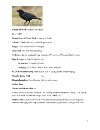 1
Name of Bird: American Crow
Size: 17-21”
Description: All black. Beak is long and thick.
Habitat: Woodlands and preferably pine trees.
Range: Lives everywhere in Georgia.
Food/Diet: Eats almost everything.
Nest (size, shape, location): Cup-shaped.6-19” across.4-15”deep. High in trees.
Eggs: 4-6 eggs in clutch.3 days to lay.
Incubation: 18 days by female.
Fledging: 28-35 days. Only in May, June, and July.
Adaptations/Interesting Facts: Takes care of young a little after fledging.
Migrate: Yes ☐ No☒ To:
Threats/Predators: Owls, hawks, falcons, and eagles.
Author: Lena
I found my information at:
"Online Bird Guide, Bird ID Help, Life History, Bird Sounds from Cornell." All About
Birds. Cornell Lab of Ornithology, 2017. Web. 13 Feb. 2017.
Photo Credit: American Crow (Corvus brachyrhynchos).2017/02/14/ Encyclopædia
Britannica ImageQuest. http://quest.eb.com/search/139_1924390/1/139_1924390/cite.
 