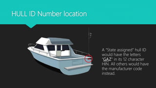 HULL ID Number location
A “State assigned” hull ID
would have the letters
“GAZ” in its 12 character
HIN. All others would have
the manufacturer code
instead.
 
