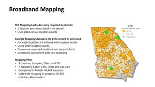 Mapping Pilot
• 3 counties; Lumpkin, Elbert and Tift
• 7 providers; Cable, EMC, Telco and City Gov.
• Completed in March: 44,443 locations
• Statewide mapping in progress for 156
counties, 46 providers
Georgia Mapping Accuracy for 25/3 served or unserved
• For each location (5-6 million) with location details
• Using 2019 location counts
• Determine unserved locations and census blocks
• Determine investment with cost modeling
FCC Mapping Lacks Accuracy required by statute
• 1 location per census block = all served
• Uses 2010 census location counts
Broadband Mapping
FCC
 