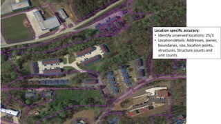 Location specific accuracy:
• Identify unserved locations: 25/3
• Location details: Addresses, owner,
boundaries, size, location points,
structures, Structure counts and
unit counts.
 
