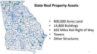 19
• 800,000 Acres Land
• 14,800 Buildings
• 692 Miles Rail Right of Way
• Towers
• Other Structures
State Real Property Assets
 