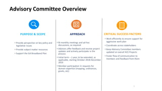 PURPOSE & SCOPE
• Provide perspective on key policy and
legislative issues
• Provide subject matter resources
• Support the GA Broadband Plan
APPROACH
• Bi-monthly meetings and ad-hoc
discussions, as required
• Advisors offer feedback and receive project
updates and actively participate in the
process
• Initial term – 1 year, to be extended, as
applicable, starting October 2018-December
2019
• Member participation in requests for
domain expertise (mapping, ordinances,
grants, etc)
CRITICAL SUCCESS FACTORS
• Work efficiently to ensure support for
aggressive work plan
• Coordinate across stakeholders
• Keep Advisory Committee members
updated on overall ACE Projects
• Foster flow of communication to
members and feedback from them
5
Advisory Committee Overview
 