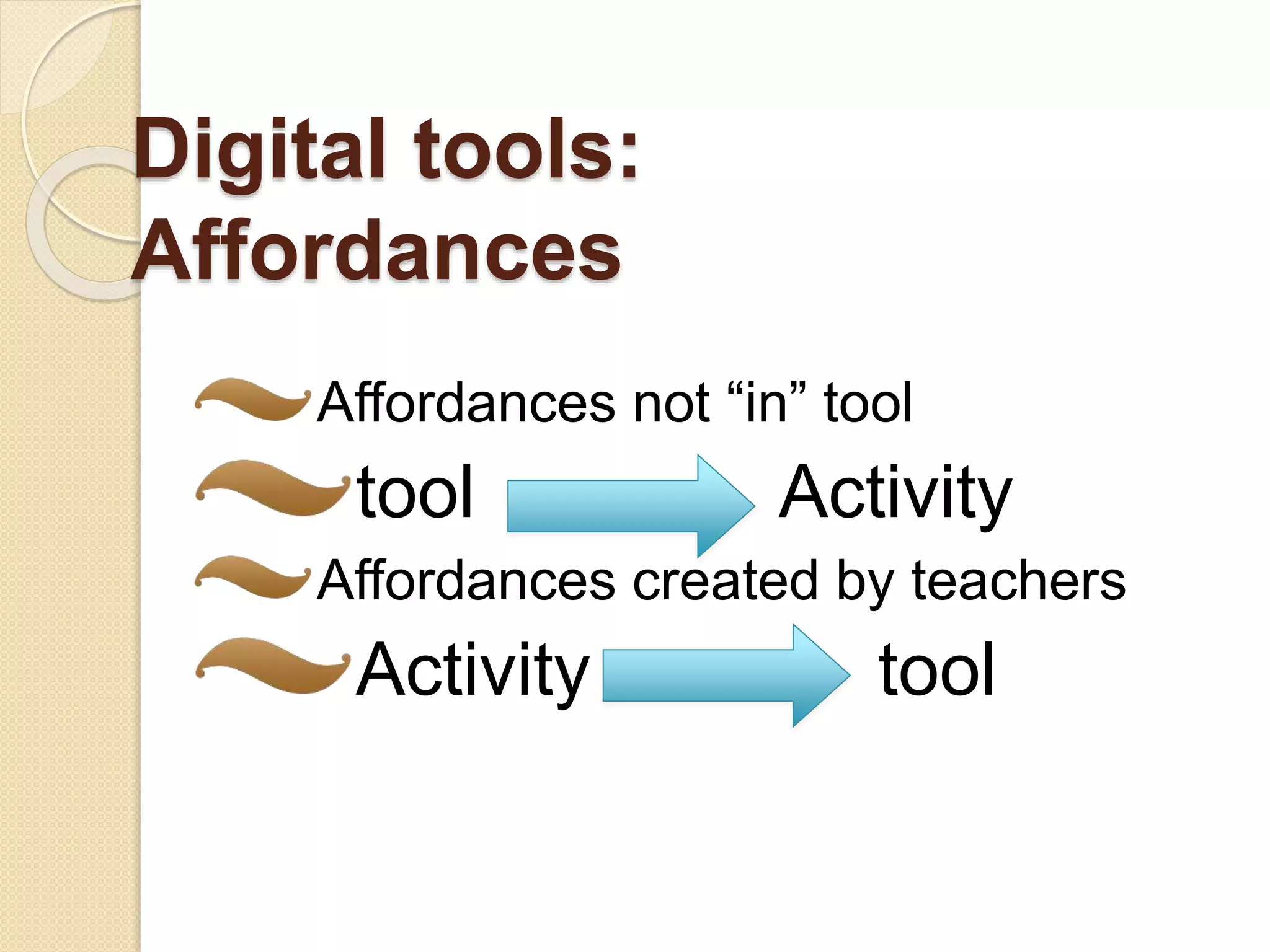 Digital tools:
Affordances
Affordances not “in” tool
tool Activity
Affordances created by teachers
Activity tool
 
