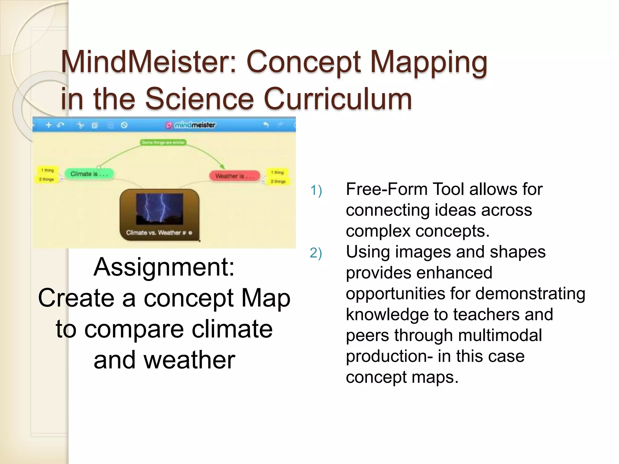 MindMeister: Concept Mapping
in the Science Curriculum
1) Free-Form Tool allows for
connecting ideas across
complex concepts.
2) Using images and shapes
provides enhanced
opportunities for demonstrating
knowledge to teachers and
peers through multimodal
production- in this case
concept maps.
Assignment:
Create a concept Map
to compare climate
and weather
 