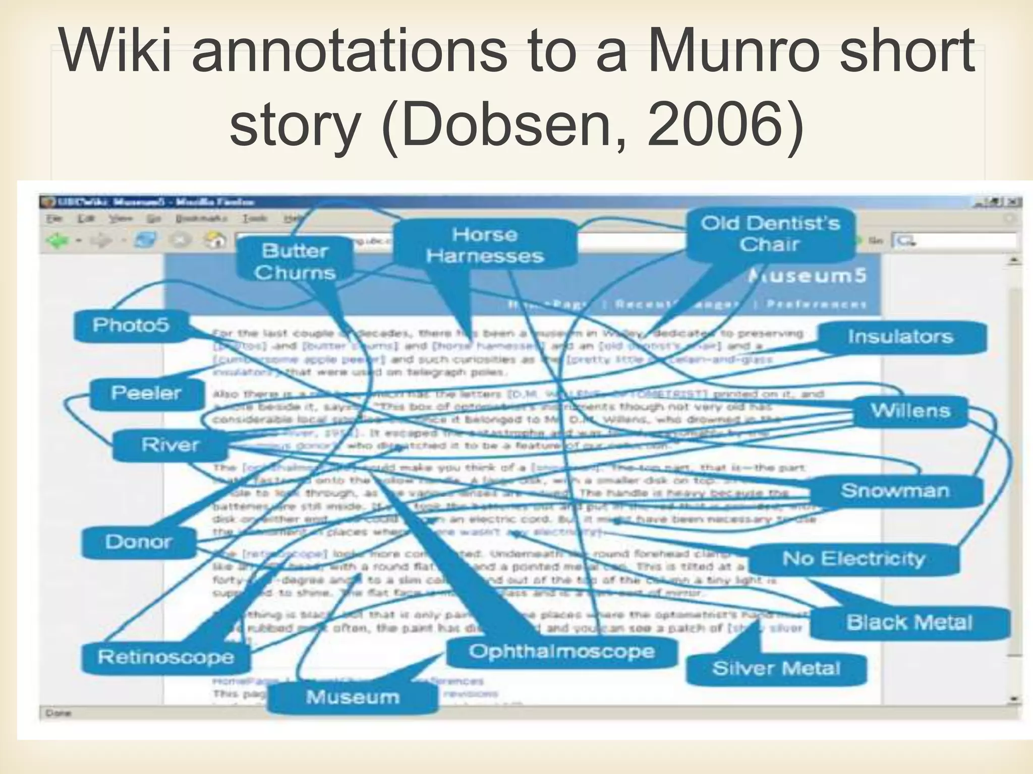 Wiki annotations to a Munro short
story (Dobsen, 2006)
 