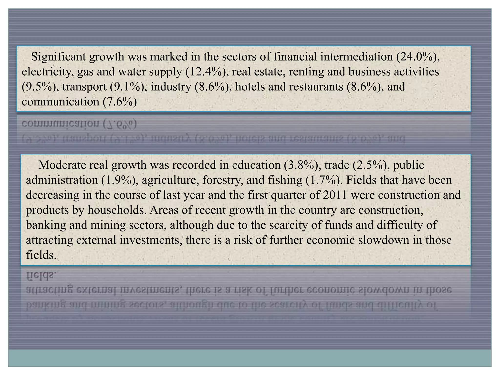 Significant growth was marked in the sectors of financial intermediation (24.0%),
electricity, gas and water supply (12.4%), real estate, renting and business activities
(9.5%), transport (9.1%), industry (8.6%), hotels and restaurants (8.6%), and
communication (7.6%)
Moderate real growth was recorded in education (3.8%), trade (2.5%), public
administration (1.9%), agriculture, forestry, and fishing (1.7%). Fields that have been
decreasing in the course of last year and the first quarter of 2011 were construction and
products by households. Areas of recent growth in the country are construction,
banking and mining sectors, although due to the scarcity of funds and difficulty of
attracting external investments, there is a risk of further economic slowdown in those
fields.
 