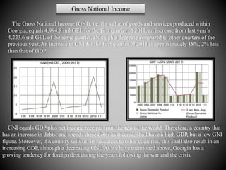 Gross National Income
The Gross National Income (GNI), i.e. the value of goods and services produced within
Georgia, equals 4,994.8 mil GEL for the first quarter of 2011, an increase from last year’s
4,223.6 mil GEL of the same quarter, although a decrease compared to other quarters of the
previous year. An increase in GNI for the first quarter of 2011 is approximately 18%, 2% less
than that of GDP.
GNI equals GDP plus net income receipts from the rest of the world. Therefore, a country that
has an increase in debts, and spends these debts as income, shall have a high GDP, but a low GNI
figure. Moreover, if a country sells of its resources to other countries, this shall also result in an
increasing GDP, although a decreasing GNI. As we have mentioned above, Georgia has a
growing tendency for foreign debt during the years following the war and the crisis.
 