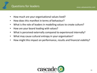 www.valuescentre.com
33
Questions for leaders
• How much are your organisational values lived?
• How does this manifest in terms of behaviour?
• What is the role of leaders in modelling values to create culture?
• How are your board leading with values?
• What is perceived externally compared to experienced internally?
• What may cause cultural entropy in your organisation?
• How might this impact on performance, results and financial viability?
 