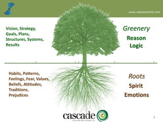 www.valuescentre.com
3
Greenery
Reason
Logic
Roots
Spirit
Emotions
Vision, Strategy,
Goals, Plans,
Structures, Systems,
Results
Habits, Patterns,
Feelings, Fear, Values,
Beliefs, Attitudes,
Traditions,
Prejudices
 