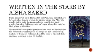 Naila has grown up in Florida but her Pakistani parents have
forbidden her to date or even be friends with a boy. After she
sneaks out to go to the prom and gets caught, the family
whisks her off to Pakistan—she isn’t even allowed to go to her
high school graduation.
The vacation keeps getting extended and then Naila discovers
her parents have arranged a marriage for her. Immediately.
And she will stay in Pakistan. Read the book to find out if she
manages to escape before it’s too late!
 