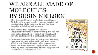  Meet Stewart. He’s geeky, gifted and sees things a
bit differently to most people. His mum has died and
he misses her all the more now he and Dad have
moved in with Ashley and her mum.
 Meet Ashley. She’s popular, cool and sees
things very differently to her new family. Her dad has
come out and moved out – but not far enough. And
now she has to live with a freakazoid step-brother.
 Stewart can’t quite fit in at his new school, and Ashley
can’t quite get used to her totally awkward home,
which is now filled with some rather questionable
decor. And things are about to get a whole lot more
mixed up when these two very different people attract
the attention of school hunk Jared. . .
 