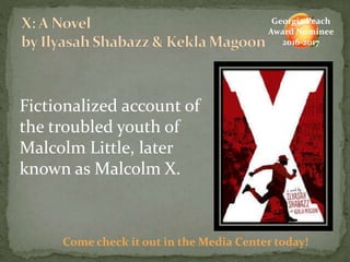 Fictionalized account of
the troubled youth of
Malcolm Little, later
known as Malcolm X.
Come check it out in the Media Center today!
Georgia Peach
Award Nominee
2016-2017
 