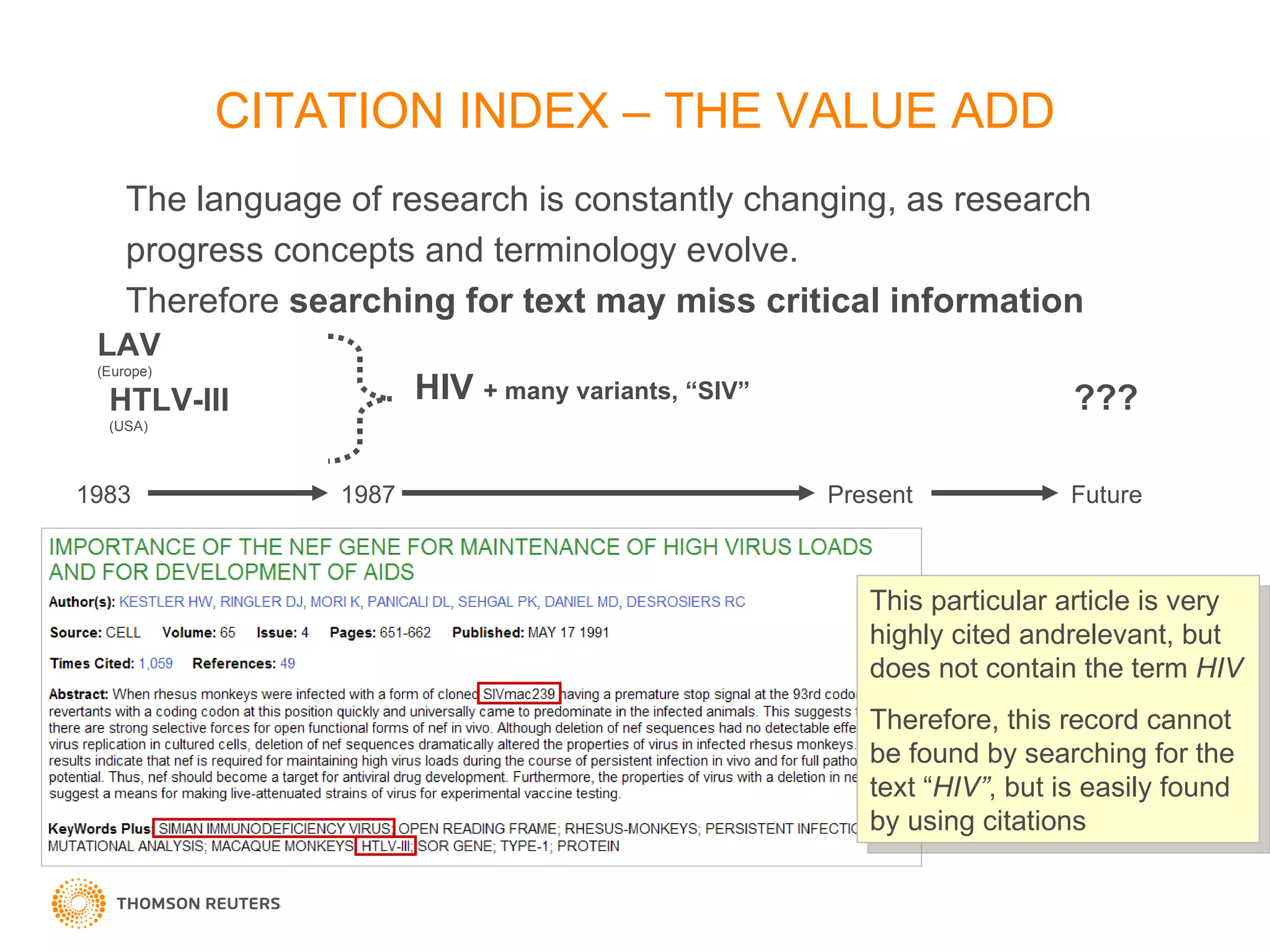 CITATION INDEX – THE VALUE ADD The language of research is constantly changing, as research progress concepts and terminology evolve.  Therefore  searching for text may miss critical information LAV (Europe)   HTLV-III   (USA) HIV  + many variants, “SIV” 1983 1987 Present Future ??? This particular article is very highly cited andrelevant, but does not contain the term  HIV Therefore, this record cannot be found by searching for the text “ HIV” , but is easily found by using citations 