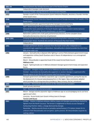 1801-04     Most of present-day Georgia becomes part of the Russian Empire.
1918        Independent Georgian state declared.
1921        Red Army invades. Georgia declared a Soviet Socialist Republic.
1922        Georgia, as part of the Transcaucasian Soviet Federative Republic, becomes a founder member
            of the Soviet Union.
1936        Transcaucasian Soviet Federative Republic dissolved and Georgia becomes a full republic of the
            Soviet Union.
1972        Eduard Shevardnadze appointed head of the Georgian Communist Party.
1989        April - Soviet troops kill 19 pro-independence demonstrators in Tbilisi.
            Demands for more autonomy in the South Ossetia region lead to violent clashes between
            Georgians and Ossetians. Russian peacekeepers are deployed.
1990        Nationalist coalition wins multi-party parliamentary elections; former dissident Zviad
            Gamsakhurdia becomes chairman of parliament.
1990-1991   Growing South Ossetian independence aspirations bring further violence between separatist
            and Georgian forces. Hundreds die and tens of thousands flee their homes.
            Independence
1991        Georgian parliament declares secession from the Soviet Union after independence is
            overwhelmingly supported in a referendum. Gamsakhurdia is elected president by more than
            85% of the votes cast.
1992        January - Gamsakhurdia is deposed after fighting in central Tbilisi between government troops
            and opposition militias.South Ossetians vote in favour of independence in an unrecognized
            referendum.
            March - Shevardnadze is appointed head of the newly formed State Council.
            Abkhazia crisis
            August - Fighting breaks out in Abkhazia between Georgian government troops and separatist
            forces.
1993        September - Georgian troops driven out of Abkhazia by separatist forces.
            October - Insurrection by Gamsakhurdia supporters in western Georgia is suppressed after
            Georgia agrees to join the CIS and receives help from Russian troops.
1994        Georgian government and Abkhaz separatists sign a ceasefire agreement, paving the way for
            the deployment of a Russian peacekeeping force in the region. New constitution adopted
            which provides for a strong executive presidency. New currency, the lari, introduced.
1995        November - Shevardnadze wins elections to the restored post of president.
1997        Death penalty abolished.
2000        April - Shevardnadze re-elected president.
2001        March - Georgia and the separatist region of Abkhazia sign an accord pledging not to use force
            against each other.
            June/July - Russia hands over Vaziani military base to Georgia.
            Tension with Russia
2001        October - Clashes in Abkhazia between Abkhaz troops and Georgian paramilitaries backed by
            fighters from the North Caucasus. The tension is heightened as Russia accuses Georgia of
            harbouring Chechen rebels, a charge dismissed by Georgia.
            November - Raid by security forces on privately-owned Rustavi-2 TV station, known for its
            criticism of Mr Shevardnadze and corruption, sparks protests. Mr Shevardnadze responds by
            sacking cabinet.


 46                                                APPENDIX-1 | SOCIOECONOMIC PROFILE
 