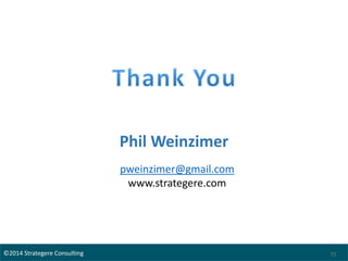 72
©2014 Strategere Consulting 72
Phil Weinzimer
pweinzimer@gmail.com
www.strategere.com
 