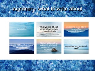 summary- what to write aboutsummary- what to write about
education
what you’re about:
personal work style,
character traits
awesome facts about
yourself or
accomplishments
additional portfolio links
or platforms
finish with call to
action: invitation to
connect, contact
information
any other suggestions?
 