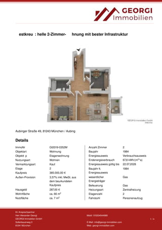 Westkreuz: helle 2-Zimmer-Wohnung mit bester Infrastruktur!
Aubinger Straße 49, 81243 München / Aubing
Details
ImmoNr GI20...