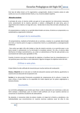 Escuelas Pedagógicas del Siglo XX 2012

Este tipo de tablas tienen un fin organizativo y programador, donde el maestro anota en cada
casilla una cruz si la unidad está bien hecha, si no, el alumno deberá repetirla.

-Manuales escolares:

A principio de curso, el alumno recibe una guía en la que aparecen las instrucciones necesarias
como: presentación de la materia, ejercicios a realizar y bibliografía de cada tema, para el
seguimiento de la materia a lo largo del curso. Siendo éste el único libro de texto utilizado por los
alumnos.

Al comprometerse a realizar en un período determinado una tarea, el alumno se compromete a su
autodisciplina y organización intelectual.




 Al comprometerse, mediante el formalismo de un contrato, a realizar en un periodo determinado
una tarea, el alumno pone en juego su compromiso moral y su autodisciplina y autoorganización
intelectual.

. Para evitar que algún niño sólo trabaje un tipo de materia concreta, no se permite pasar a una
tarea escolar si previamente no ha terminado la inmediata anterior. Por ello, el alumno debe
distribuirse el trabajo racionalmente y, así, evitar un sobreesfuerzo al final de cada periodo y una
acumulación de materia poco agradable al niño.

Cuando el alumno cree que ha madurado los objetivos, el profesor hace las comprobaciones y si
son positivas pasa a otra ficha o a otro laboratorio. Algunos consiguen los objetivos antes del mes.




El plan Dalton ha sido calificado de mecanicista por muchos teóricos de la educación.

Dewey y Kilpatrick ven en este plan un medio de educación asocia]; Lynch observa, igualmente, la
ausencia de una educación de la expresión oral.

Ferriére lo ha denunciado firmemente acusándolo de «stajanovismo de la cultura». A pesar de
estas críticas, el plan Dalton se ha expandido de modo especial por los países anglosajones y
Extremo Oriente




Las corrientes pedagógicas que existen para llevar a cabo la educación son numerosas y cada una
tiene ventajas y desventajas, pues no existe el plan perfecto con el que nuestros alumnos se
convertirán en excelentes estudiantes de sobresaliente.

No obstante, si conocemos todos los planes creados a lo largo de la historia y atendemos a las
individualidades que encontraremos en nuestros alumnos, podemos sacar de ellos lo más



         11
 