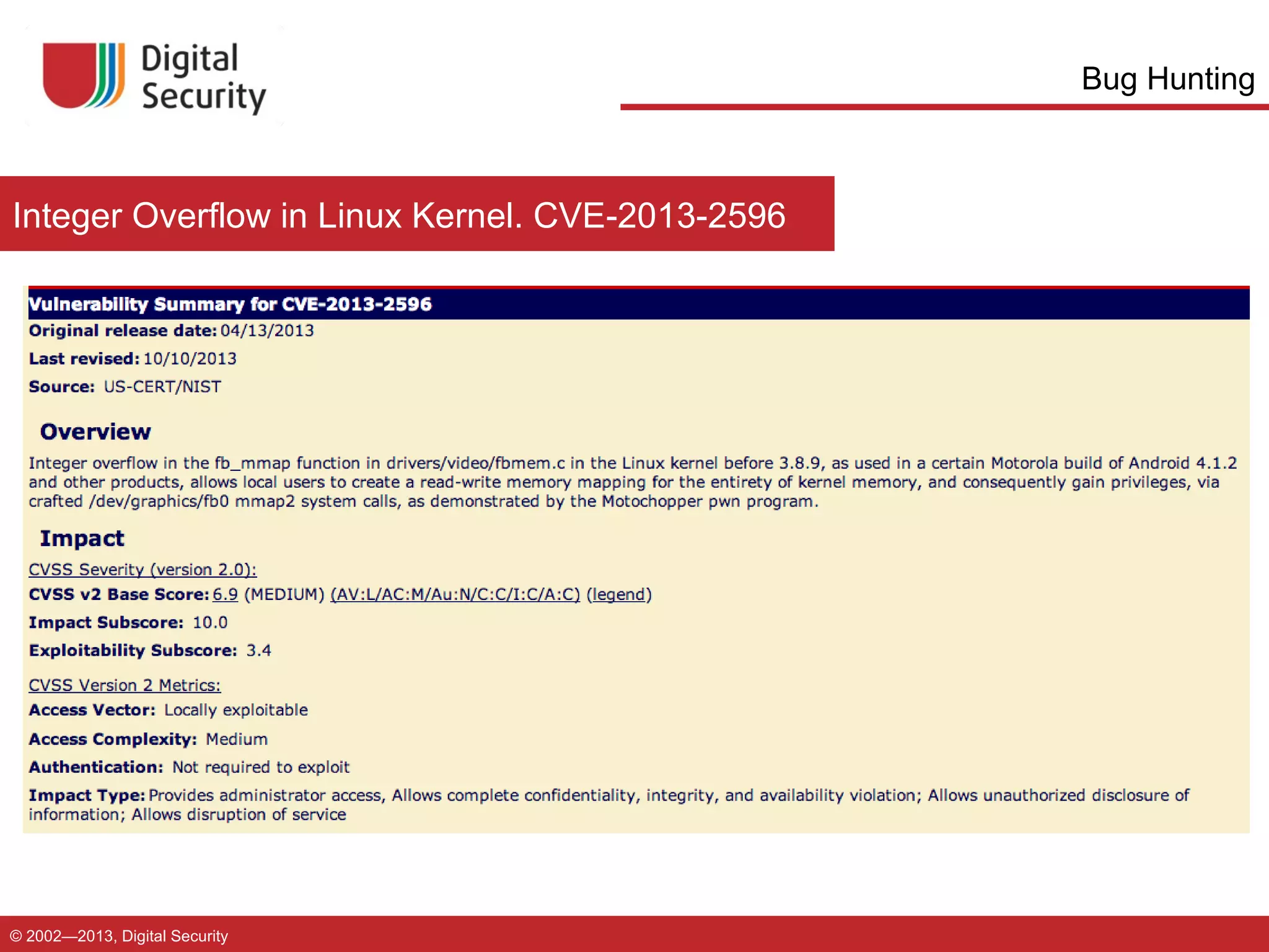 Bug Hunting

Integer Overflow in Linux Kernel. CVE-2013-2596

© 2002—2013, Digital Security

 