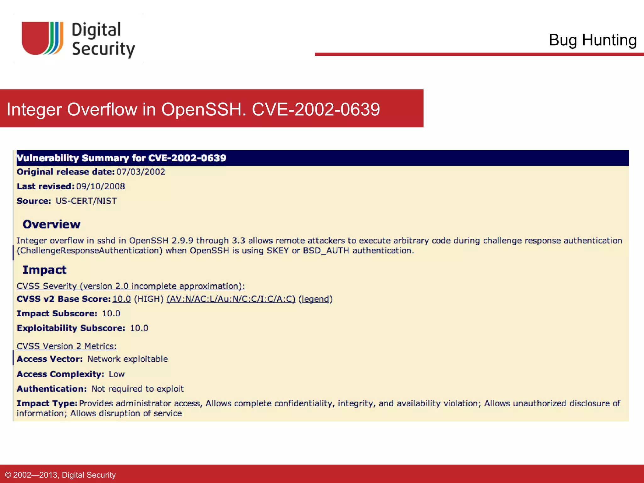 Bug Hunting

Integer Overflow in OpenSSH. CVE-2002-0639

© 2002—2013, Digital Security

 
