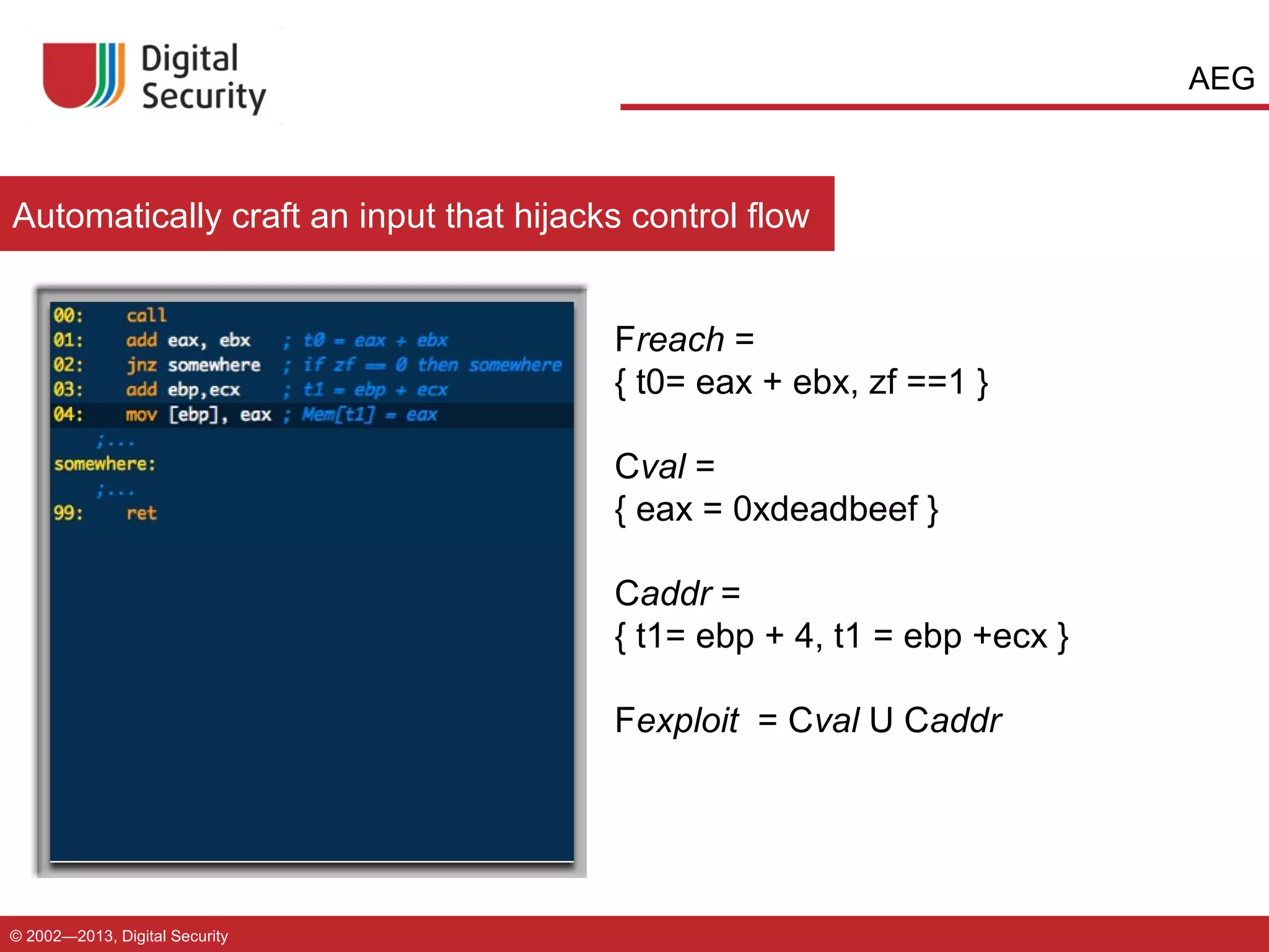 AEG

Automatically craft an input that hijacks control flow
Freach =
{ t0= eax + ebx, zf ==1 }
Cval =
{ eax = 0xdeadbeef }
Caddr =
{ t1= ebp + 4, t1 = ebp +ecx }
Fexploit = Cval U Caddr

© 2002—2013, Digital Security

 