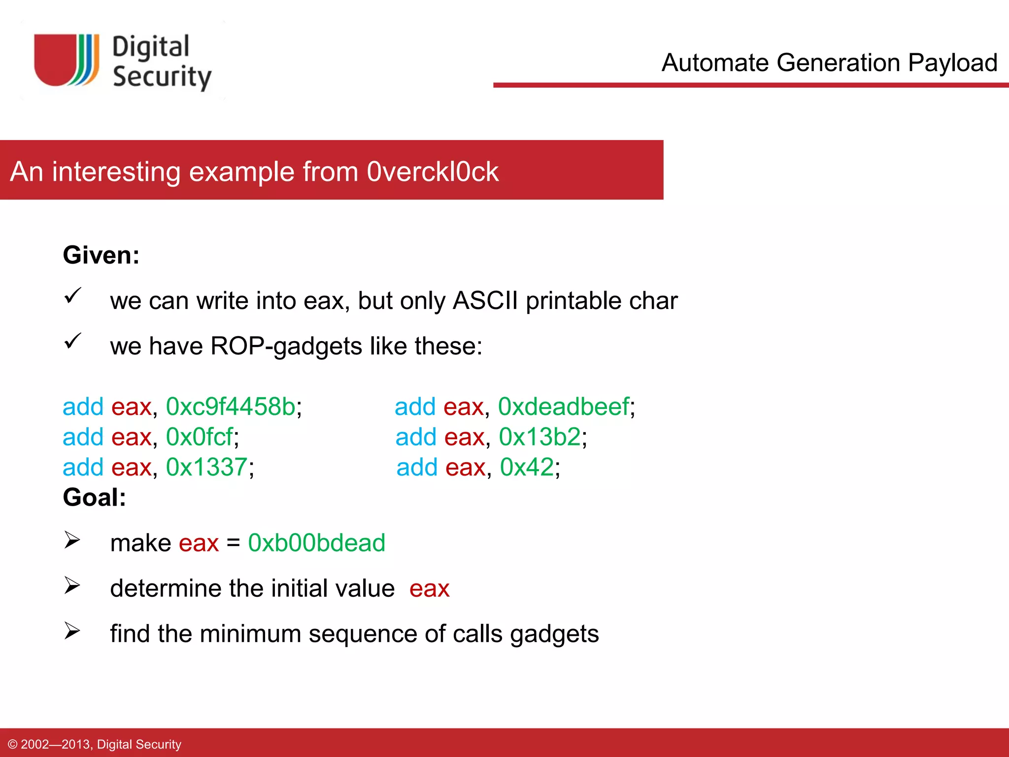 Automate Generation Payload

An interesting example from 0verckl0ck
Given:


we can write into eax, but only ASCII printable char



we have ROP-gadgets like these:

add eax, 0xc9f4458b;
add eax, 0x0fcf;
add eax, 0x1337;
Goal:

add eax, 0xdeadbeef;
add eax, 0x13b2;
add eax, 0x42;



make eax = 0xb00bdead



determine the initial value eax



find the minimum sequence of calls gadgets

© 2002—2013, Digital Security

 
