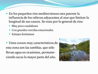  En los pequeños ríos mediterráneos esta patente la
  influencia de los relieves adyacentes al mar que limitan la
  longitud de sus cauces. Se trata por lo general de ríos:
   Muy poco caudalosos
   Con grandes crecidas estacionales
   Estiajes fortísimos


 Unos cursos muy característicos de
esta zona son las ramblas, que sólo
llevan agua en ocasiones, permane-
ciendo secas la mayor parte del año.
 