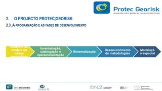 2.

O PROJECTO PROTEC|GEORISK

2.3. A PROGRAMAÇÃO E AS FASES DE DESENVOLVIMENTO

Desenho do
modelo de
dados
geográficos

Inventariação,
catalogação e
operacionalização

Sistematização

Desenvolvimento
de metodologias

Modelaçã
o espacial

 