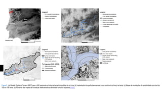 Figura 2 - (a) Modelo Digital do Terreno (MDT) para o NW peninsular e limite da bacia hidrográfica do rio Lima; (b) Implantação dos perfis transversais (cross sectional cut lines) na bacia; (c) Mapas de inundações de periodicidade provável de
100 em 100 anos; (d) Pormenor dos mapas de inundação relativamente a elementos humanos expostos.[CG1]

 