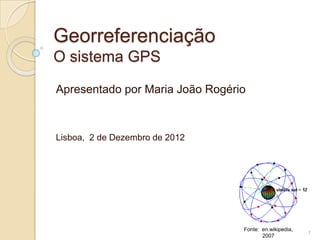 Georreferenciação
O sistema GPS

Apresentado por Maria João Rogério



Lisboa, 2 de Dezembro de 2012




                                 Fonte: en.wikipedia,
                                                        1
                                        2007
 