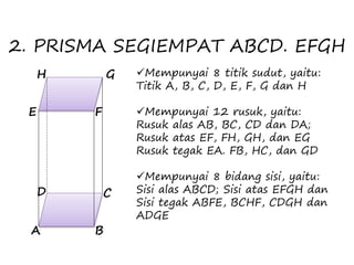 H G
FE
A B
CD
2. PRISMA SEGIEMPAT ABCD. EFGH
Mempunyai 8 titik sudut, yaitu:
Titik A, B, C, D, E, F, G dan H
Mempunyai 12 rusuk, yaitu:
Rusuk alas AB, BC, CD dan DA;
Rusuk atas EF, FH, GH, dan EG
Rusuk tegak EA. FB, HC, dan GD
Mempunyai 8 bidang sisi, yaitu:
Sisi alas ABCD; Sisi atas EFGH dan
Sisi tegak ABFE, BCHF, CDGH dan
ADGE
 
