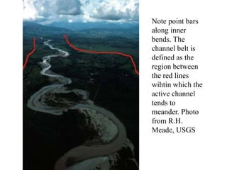 Note point bars
along inner
bends. The
channel belt is
defined as the
region between
the red lines
wihtin which the
active channel
tends to
meander. Photo
from R.H.
Meade, USGS
 