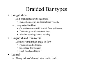 Braided Bar types
• Longitudinal
– Mid-channel (coarsest sediment)
• Deposition occurs as stream loses velocity
– Long axis // to flow
• Grow downstream fill in with finer sediments
• Decrease grain size downstream
• Massive bedding; cross- bedding
• Linguoid and transverse
– Lobate or straight; at angle to flow
• Found in sandy streams
• Steep face downstream
• High flood conditions
• Lateral
– Along sides of channel attached to bank
 