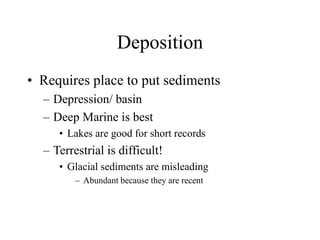 Deposition
• Requires place to put sediments
– Depression/ basin
– Deep Marine is best
• Lakes are good for short records
– Terrestrial is difficult!
• Glacial sediments are misleading
– Abundant because they are recent
 
