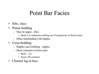 Point Bar Facies
• Silts, clays
• Planar bedding
– May be upper - flow
• likely it is sediments settling out of suspension as flood wanes
– Often interbedded with ripples
• Cross-bedding
– Ripples and climbing - ripples
– Dune common in lower part
• Beds ~ 1m
• Scour, fill common
• Channel lag at base
 