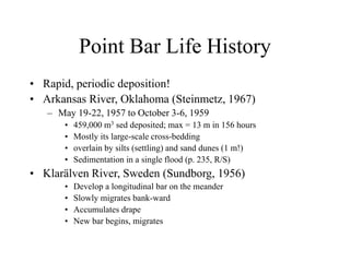 Point Bar Life History
• Rapid, periodic deposition!
• Arkansas River, Oklahoma (Steinmetz, 1967)
– May 19-22, 1957 to October 3-6, 1959
• 459,000 m3 sed deposited; max = 13 m in 156 hours
• Mostly its large-scale cross-bedding
• overlain by silts (settling) and sand dunes (1 m!)
• Sedimentation in a single flood (p. 235, R/S)
• Klarälven River, Sweden (Sundborg, 1956)
• Develop a longitudinal bar on the meander
• Slowly migrates bank-ward
• Accumulates drape
• New bar begins, migrates
 