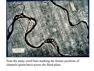 Note the many scroll bars marking the former positions of
channels (point bars) across the flood plain.
 