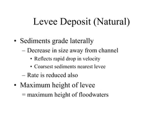 Levee Deposit (Natural)
• Sediments grade laterally
– Decrease in size away from channel
• Reflects rapid drop in velocity
• Coarsest sediments nearest levee
– Rate is reduced also
• Maximum height of levee
= maximum height of floodwaters
 