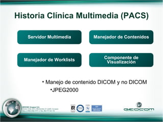 Historia Clínica Multimedia (PACS) Manejo de contenido DICOM y no DICOM JPEG2000 Servidor Multimedia Manejador de Contenidos Manejador de Worklists Componente de Visualización 