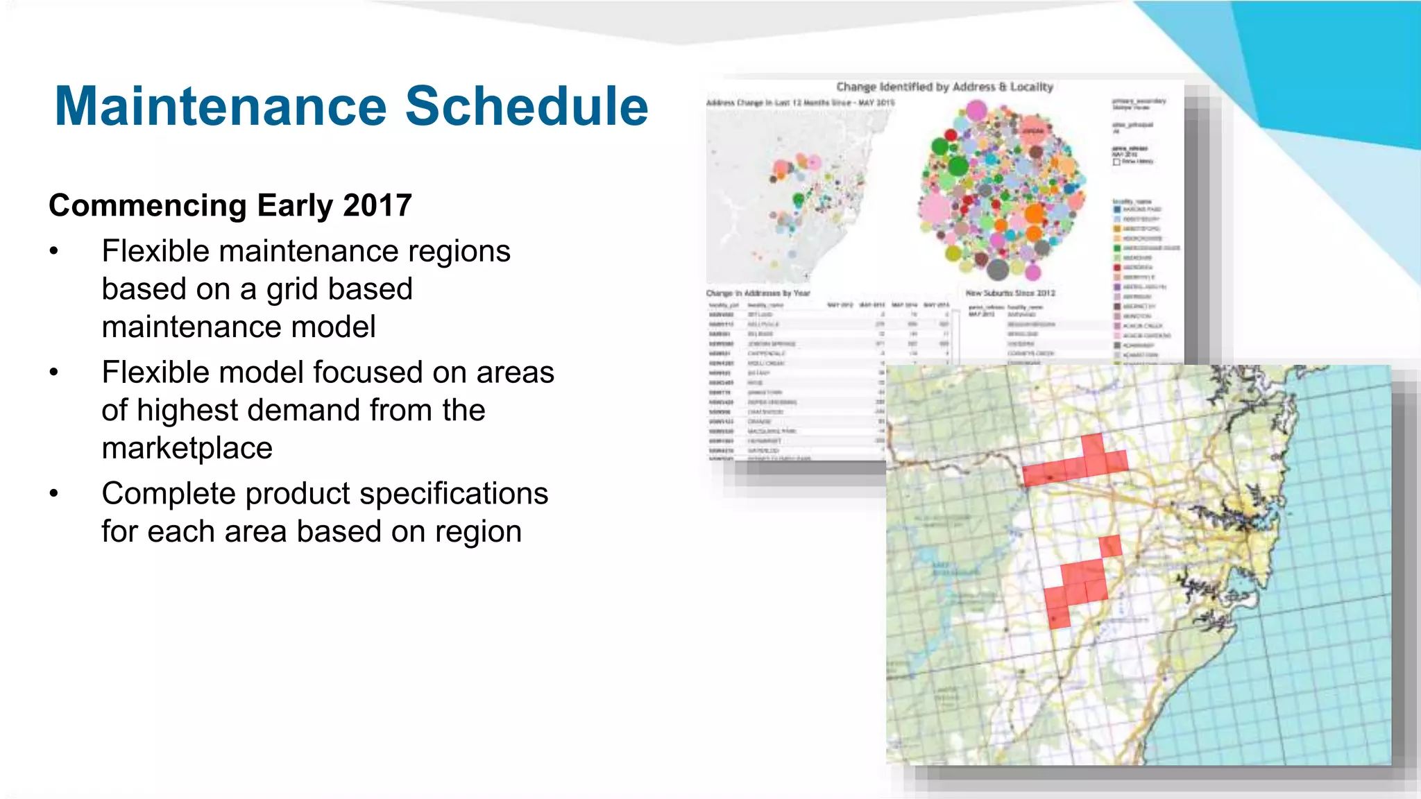 Maintenance Schedule
Commencing Early 2017
• Flexible maintenance regions
based on a grid based
maintenance model
• Flexible model focused on areas
of highest demand from the
marketplace
• Complete product specifications
for each area based on region
 