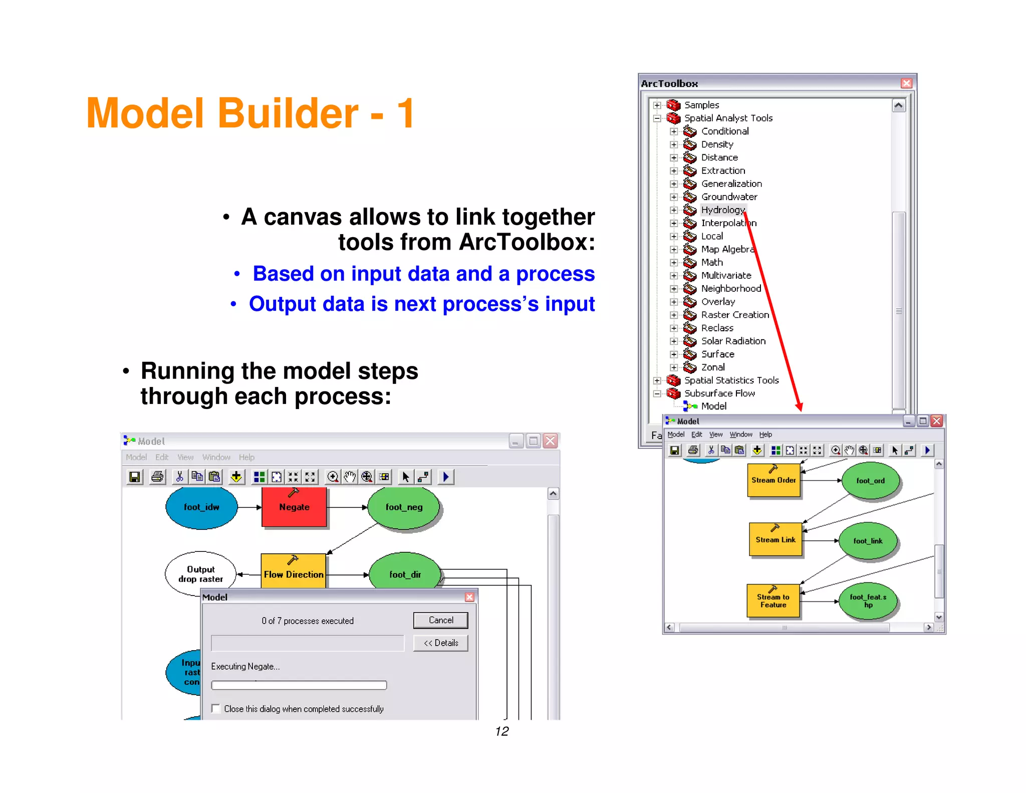 Model Builder - 1

         • A canvas allows to link together
                   tools from ArcToolbox:
          • Based on input data and a process
          • Output data is next process’s input


 • Running the model steps
   through each process:




                                    12
 